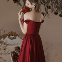 Burgundy satin long prom dress A line evening dress - Thumbnail 3