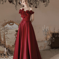 Burgundy satin long prom dress A line evening dress - Thumbnail 4