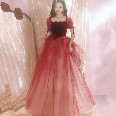 Burgundy velvet tulle long prom dress evening dress