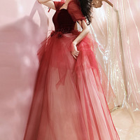 Burgundy velvet tulle long prom dress evening dress - Thumbnail 3