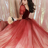 Burgundy velvet tulle long prom dress evening dress - Thumbnail 4