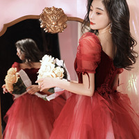 Burgundy velvet tulle long prom dress evening dress - Thumbnail 5