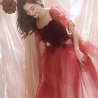 Burgundy velvet tulle long prom dress evening dress - Thumbnail 6