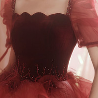 Burgundy velvet tulle long prom dress evening dress - Thumbnail 7
