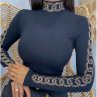 Solid Color Long Sleeve Hot Drill High Neck Tight Tops - Thumbnail 1