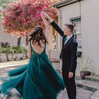 Stunning A-Line V Neck Green Tulle Prom Long Dresses with Beading Formal Party Dresses 2022 - Thumbnail 1