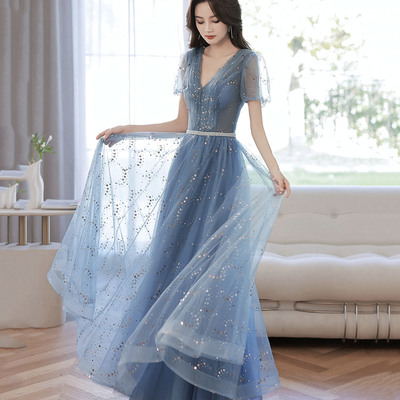 Blue tulle sequins long prom dress blue evening dress - Thumbnail 2