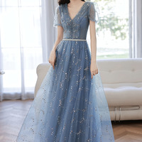 Blue tulle sequins long prom dress blue evening dress - Thumbnail 3