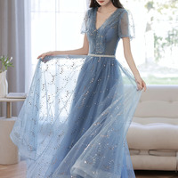 Blue tulle sequins long prom dress blue evening dress - Thumbnail 5