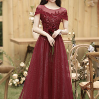 Burgundy tulle sequins long prom dress A line evening dress - Thumbnail 1