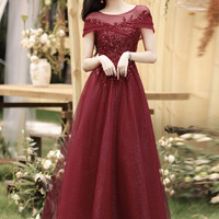 Burgundy tulle sequins long prom dress A line evening dress - Thumbnail 2