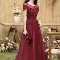 Burgundy tulle sequins long prom dress A line evening dress - Thumbnail 3