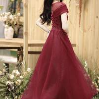 Burgundy tulle sequins long prom dress A line evening dress - Thumbnail 4