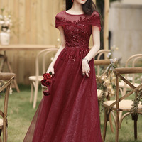 Burgundy tulle sequins long prom dress A line evening dress - Thumbnail 6