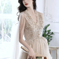 Champagne tulle sequins long prom dress evening dress - Thumbnail 1