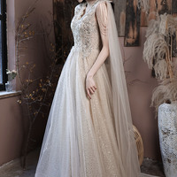 Champagne tulle sequins long prom dress evening dress - Thumbnail 2