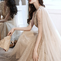 Champagne tulle sequins long prom dress evening dress - Thumbnail 5