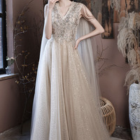 Champagne tulle sequins long prom dress evening dress - Thumbnail 7