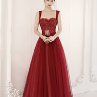 Burgundy tulle beads long prom dress evening dress - Thumbnail 2