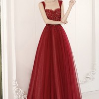 Burgundy tulle beads long prom dress evening dress - Thumbnail 3