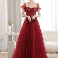 Burgundy tulle beads long prom dress evening dress - Thumbnail 4