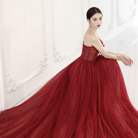 Burgundy tulle beads long prom dress evening dress - Thumbnail 5