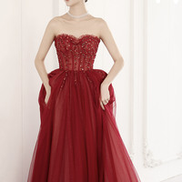 Burgundy tulle beads long prom dress evening dress - Thumbnail 1