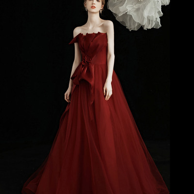 Burgundy tulle long prom dress a line evening dress - Thumbnail 2