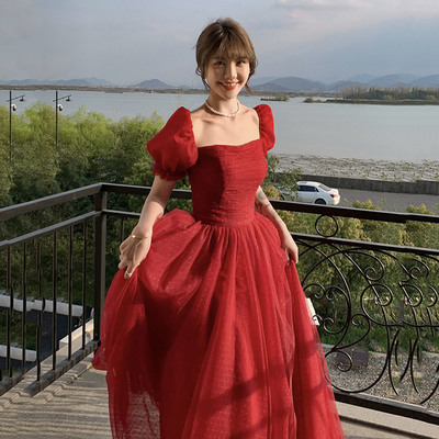 Red tulle long prom dress a line evening dress - Thumbnail 2