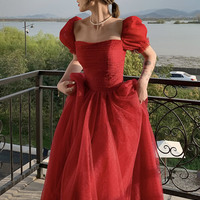 Red tulle long prom dress A line evening dress - Thumbnail 1
