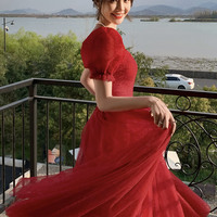 Red tulle long prom dress A line evening dress - Thumbnail 2