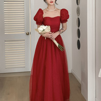 Red tulle long prom dress A line evening dress - Thumbnail 3