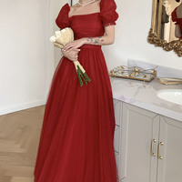 Red tulle long prom dress A line evening dress - Thumbnail 4