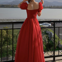 Red tulle long prom dress A line evening dress - Thumbnail 5