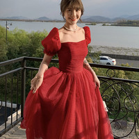 Red tulle long prom dress A line evening dress - Thumbnail 6