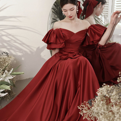 Burgundy satin long prom dress a line evening dress - Thumbnail 2