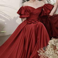 Burgundy satin long prom dress A line evening dress - Thumbnail 1