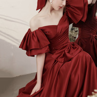 Burgundy satin long prom dress A line evening dress - Thumbnail 2