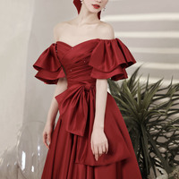 Burgundy satin long prom dress A line evening dress - Thumbnail 3