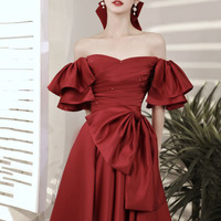 Burgundy satin long prom dress A line evening dress - Thumbnail 4