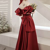 Burgundy satin long prom dress A line evening dress - Thumbnail 5