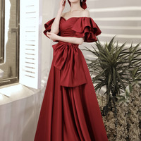 Burgundy satin long prom dress A line evening dress - Thumbnail 6