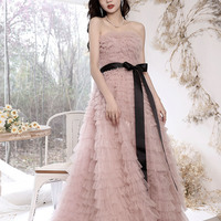 Pink tulle sequins long prom dress pink evening dress - Thumbnail 2