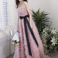 Pink tulle sequins long prom dress pink evening dress - Thumbnail 3