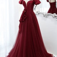 Burgundy satin tulle long prom dress evening dress - Thumbnail 2