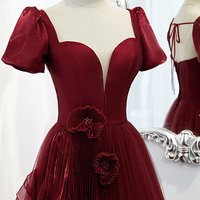 Burgundy satin tulle long prom dress evening dress - Thumbnail 1