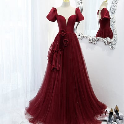 Burgundy satin tulle long prom dress evening dress - Thumbnail 2
