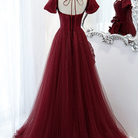 Burgundy satin tulle long prom dress evening dress - Thumbnail 3