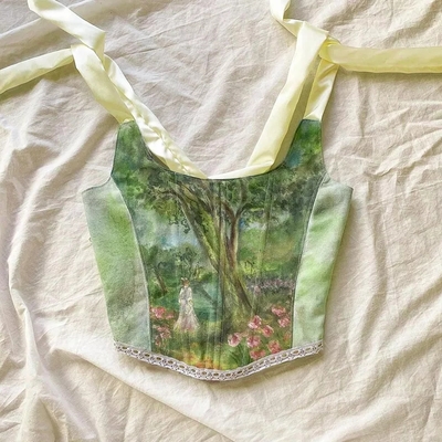 Cute vintage fairy garden print corset bustier crop top sleeveless shirt elegant summer aesthetic casual e-girl kawaii korean japanese harajuku - Thumbnail 4
