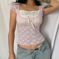 Cute Sweet Pink Lace Trim Short Sleeve Shirt Crop Top Summer Aesthetic Casual E-Girl Kawaii Korean Japanese Harajuku - Thumbnail 1